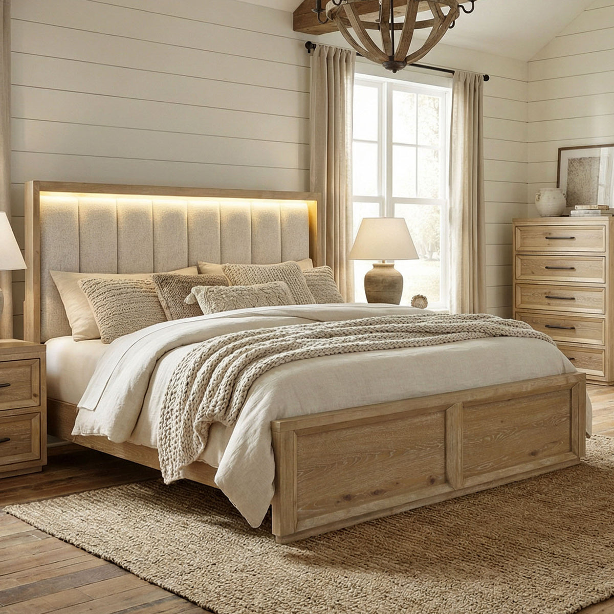 Helios LED Headboard Bed & Bedroom Set with USB Nightstand - Queen Bed Only