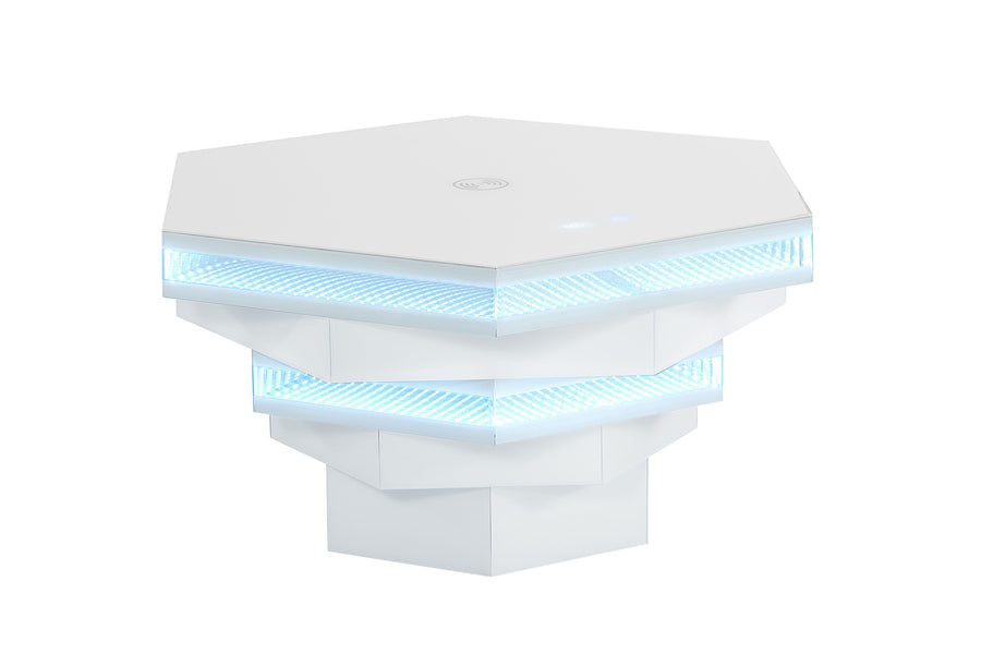 Zeta Hexagon Smart Coffee Table with LED Lights, Bluetooth Speaker & Wireless Charging - White