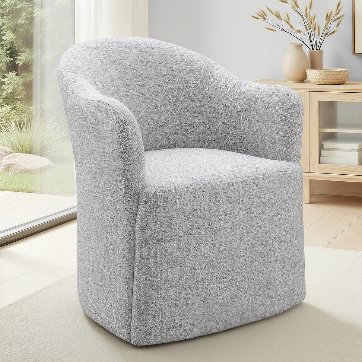 Sema Contemporary Barrel-Back Upholstered Dining Arm Chair with Casters - Feather Gray