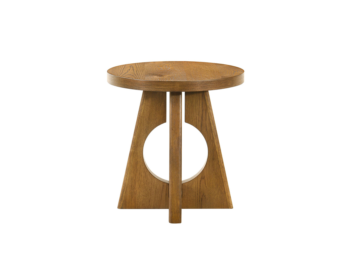 Olgod Round Pedestal Coffee & End Table - Cross Cutout Base in Oak or Walnut