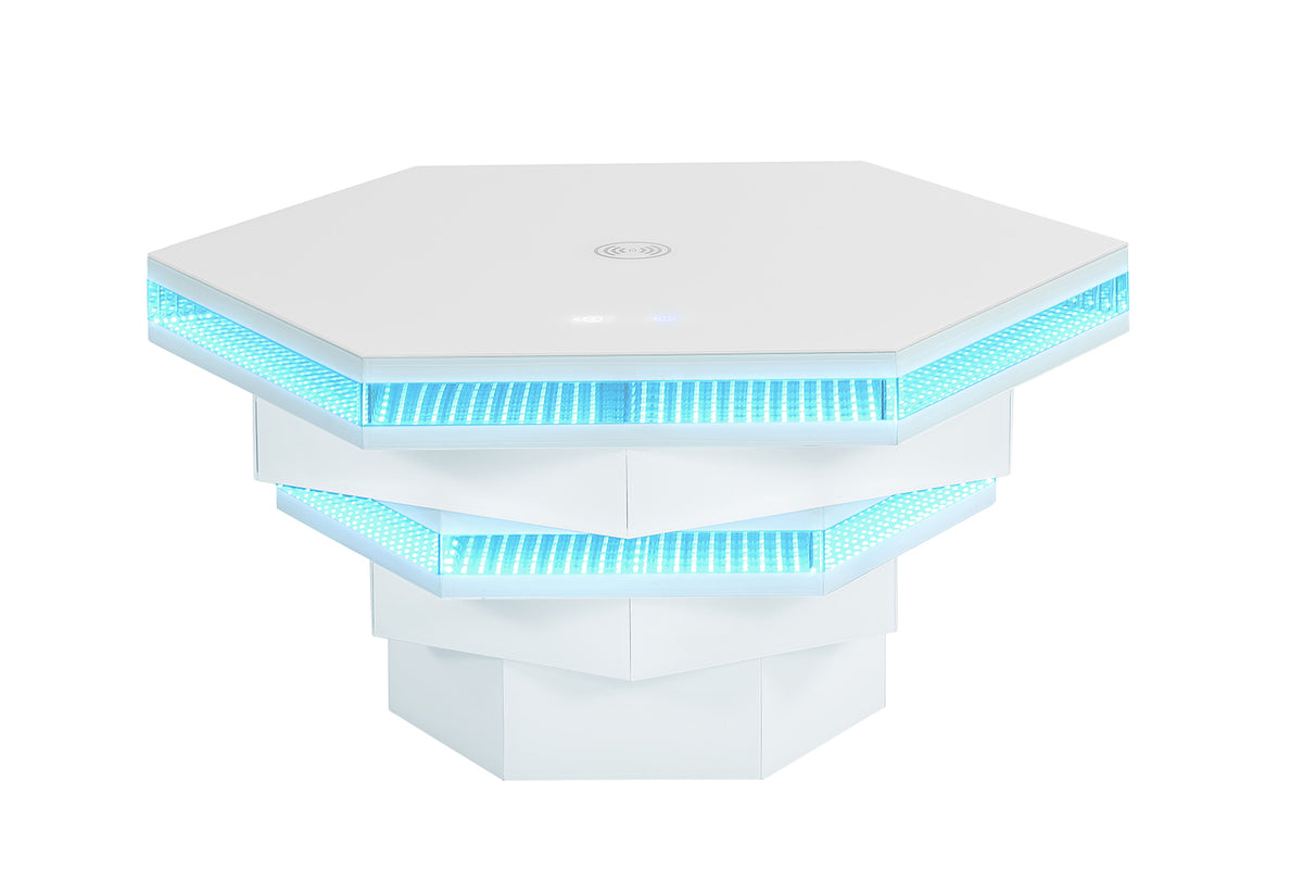 Zeta Hexagon Smart Coffee Table with LED Lights, Bluetooth Speaker & Wireless Charging – White, view 9