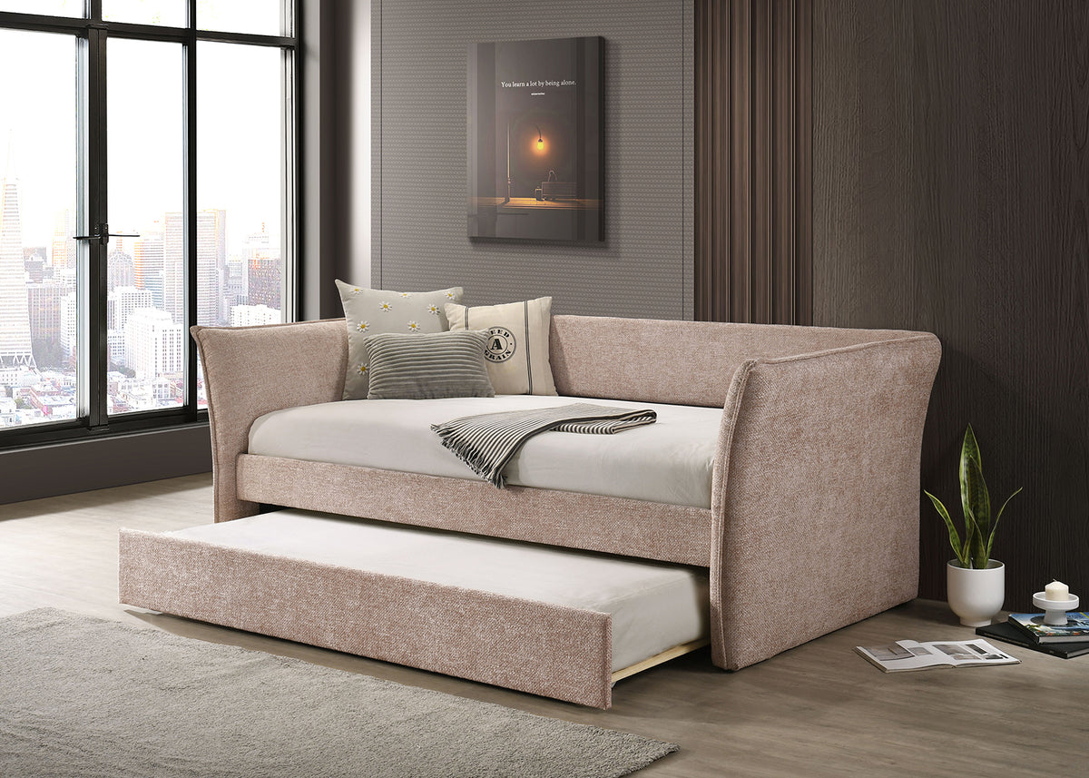 Yuri Contemporary Upholstered Twin Daybed with Trundle - Flared Arms in Beige, Gray, Light Green or Pink Fabric