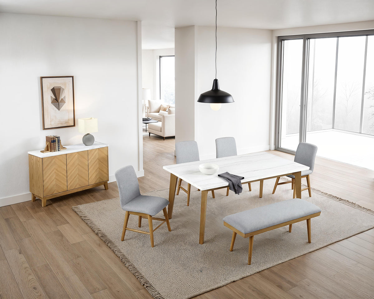 Mandier Genuine Marble Top Dining Collection - 6pcs- Rectangular Table + 4 Side Chairs + Bench