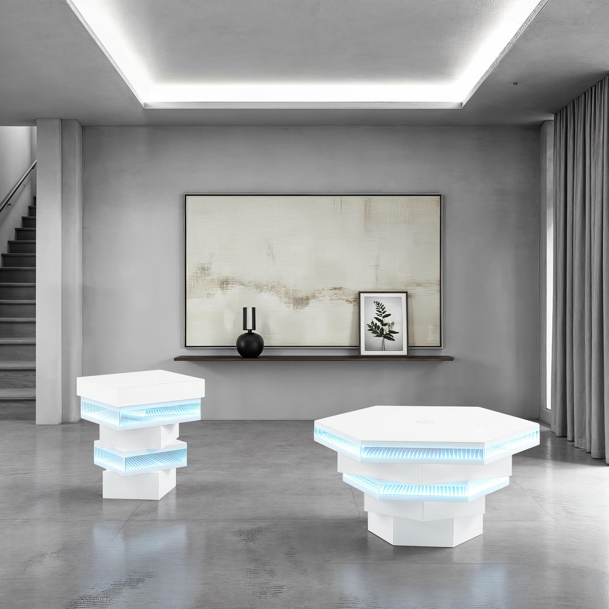 Zeta Hexagon Smart Coffee Table with LED Lights, Bluetooth Speaker & Wireless Charging – White, view 11
