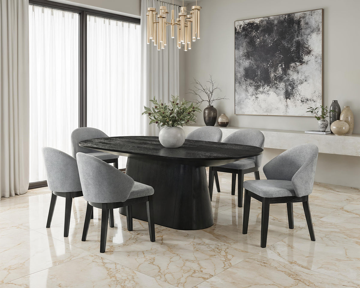 Tottenham Contemporary Dining Collection - Round Cone Pedestal, 84" Rectangular or 88" Oval Table & Upholstered Chairs in Black or Oak