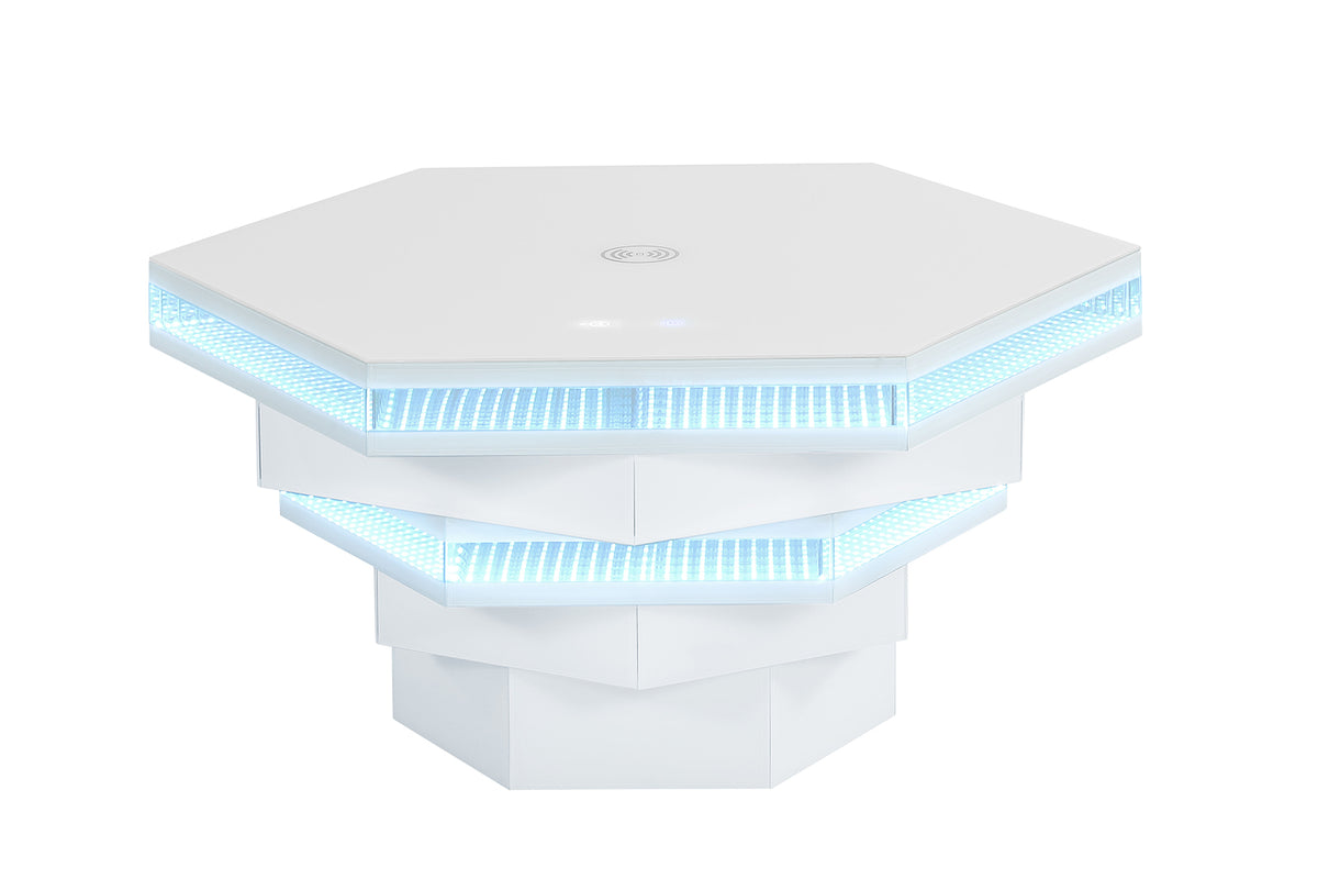Zeta Hexagon Smart Coffee Table with LED Lights, Bluetooth Speaker & Wireless Charging – White, view 4