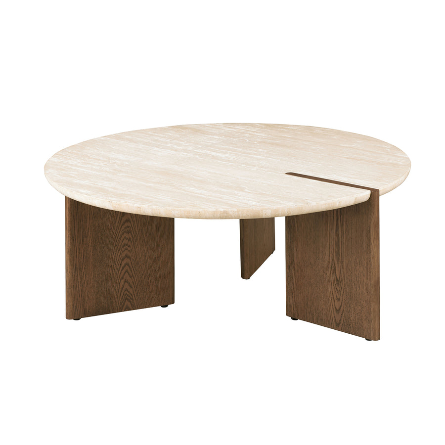 Olney Travertine Top Coffee & End Table - 3-Legged Base in Brown Oak
