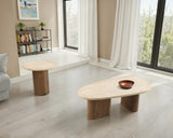 Nolfi Contemporary Travertine Coffee & End Tables - Trestle Base in Brown Oak