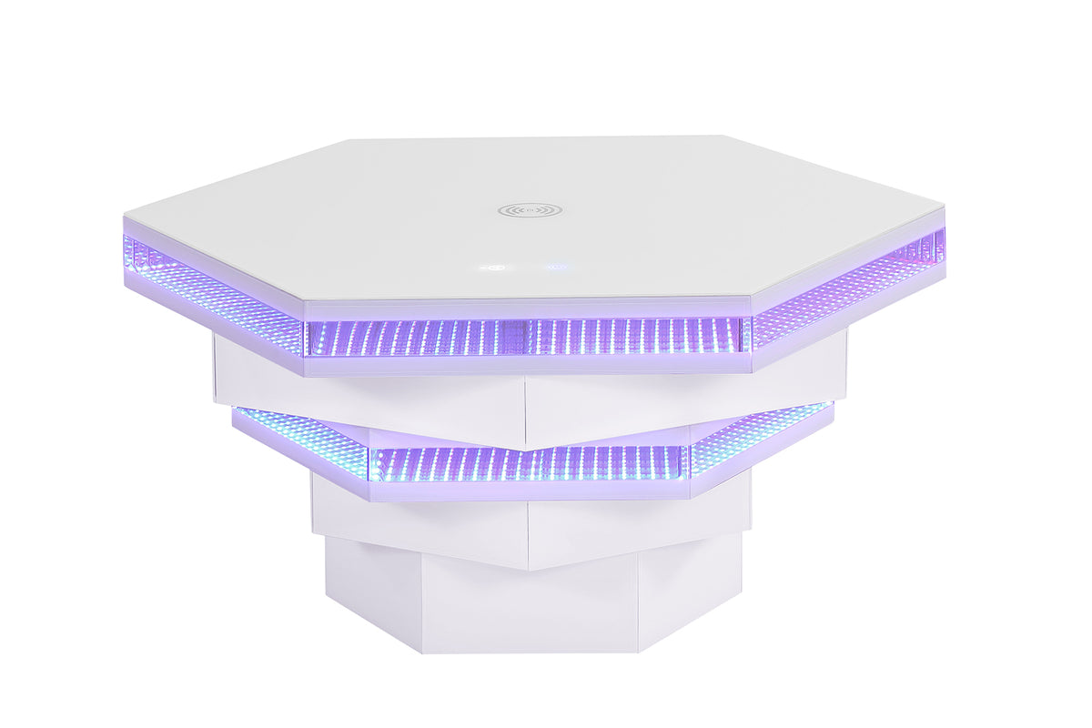 Zeta Hexagon Smart Coffee Table with LED Lights, Bluetooth Speaker & Wireless Charging – White, view 7