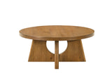 Olgod Round Pedestal Coffee & End Table - Cross Cutout Base in Oak or Walnut