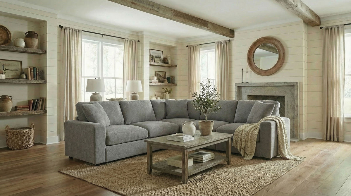 Crowle Transitional Sectional Sofa with Round Track Arms - Light Gray