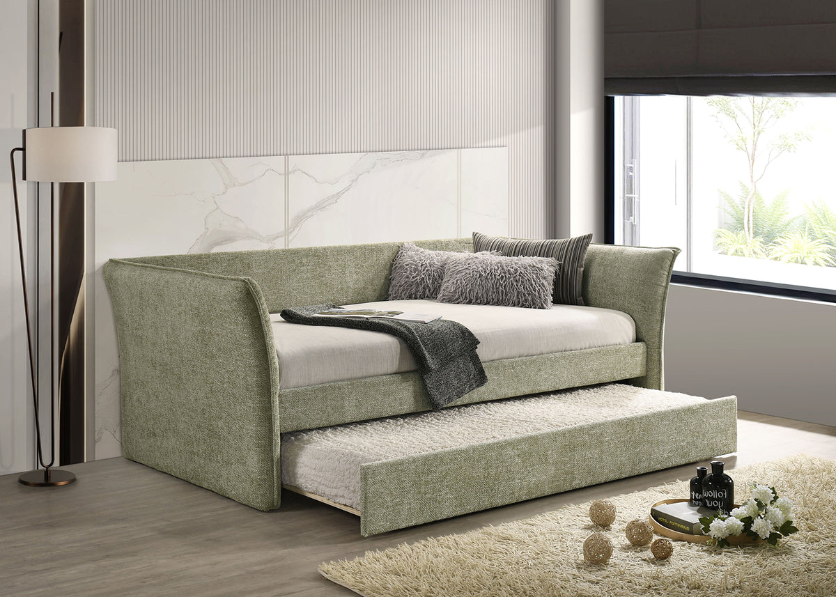 Yuri Contemporary Upholstered Twin Daybed with Trundle - Flared Arms in Beige, Gray, Light Green or Pink Fabric