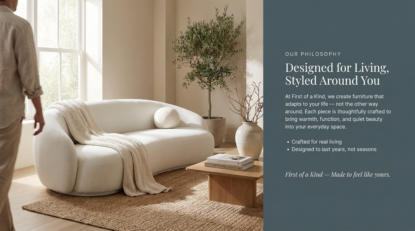 Modern living room with a white sofa, wooden coffee table, and decorative elements.