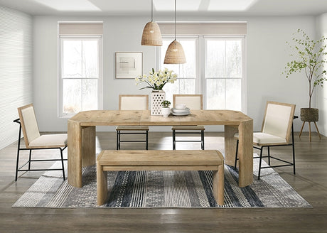 Edenbridge Contemporary Oak Dining Table & Set - 47" Round or 84" Extendable Table, Upholstered Chairs & Bench - fm3220ak-t-6pc-bn-1-z