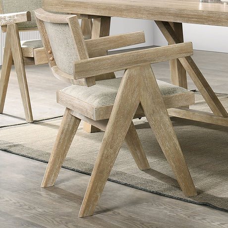 Guisborough Contemporary 84" Trestle Dining Table & Set - V-Leg Plank Arm Chairs in Oak - fm3221ak-ac-1