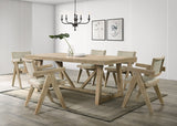 Guisborough Contemporary 84" Trestle Dining Table & Set - V-Leg Plank Arm Chairs in Oak - fm3221ak-t-7pc-1-z