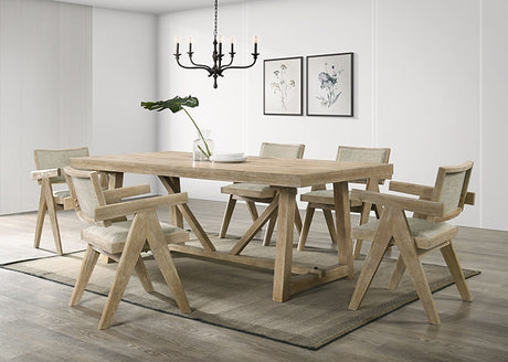 Guisborough Contemporary 84" Trestle Dining Table & Set - V-Leg Plank Arm Chairs in Oak - fm3221ak-t-7pc-1-z