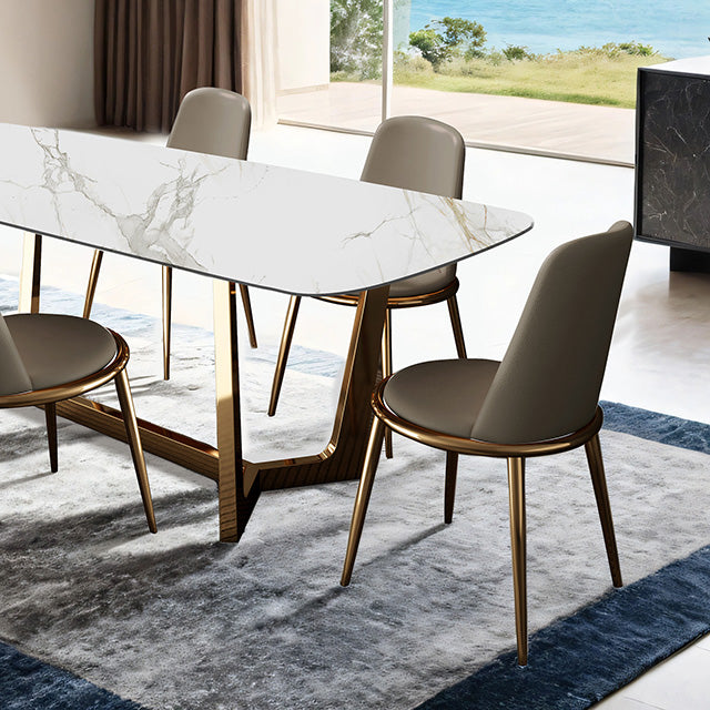 Norelli Contemporary 71" Ceramic Top Trestle Dining Table & Set - Round Leatherette Chairs in Gold or Silver - fm3701gd-t-1