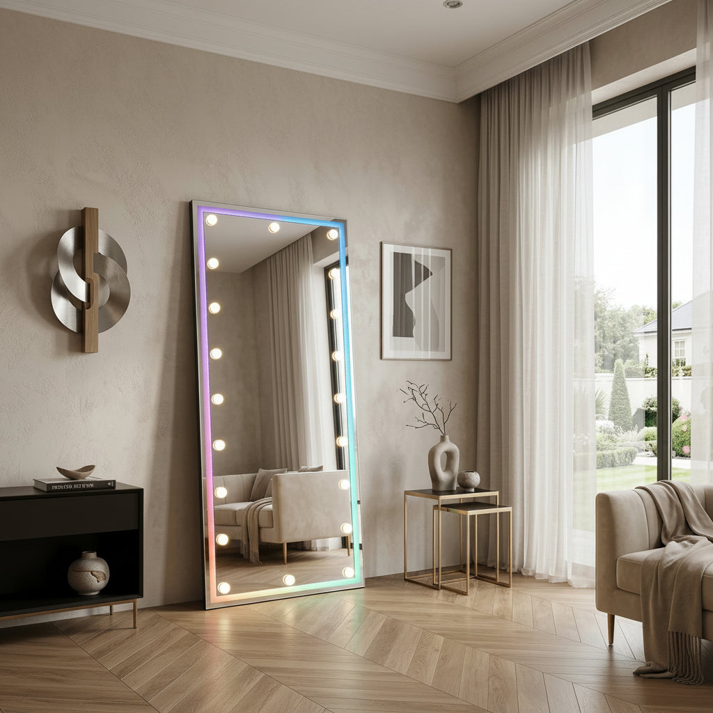 Rosalinda full length standing mirror with integrated LED studio lighting in a modern interior setting.