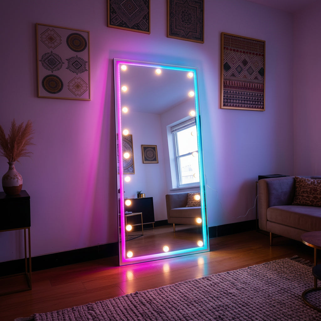 Close-up view of the ambient backlit glow on the Rosalinda modern dressing mirror for contemporary bedrooms.