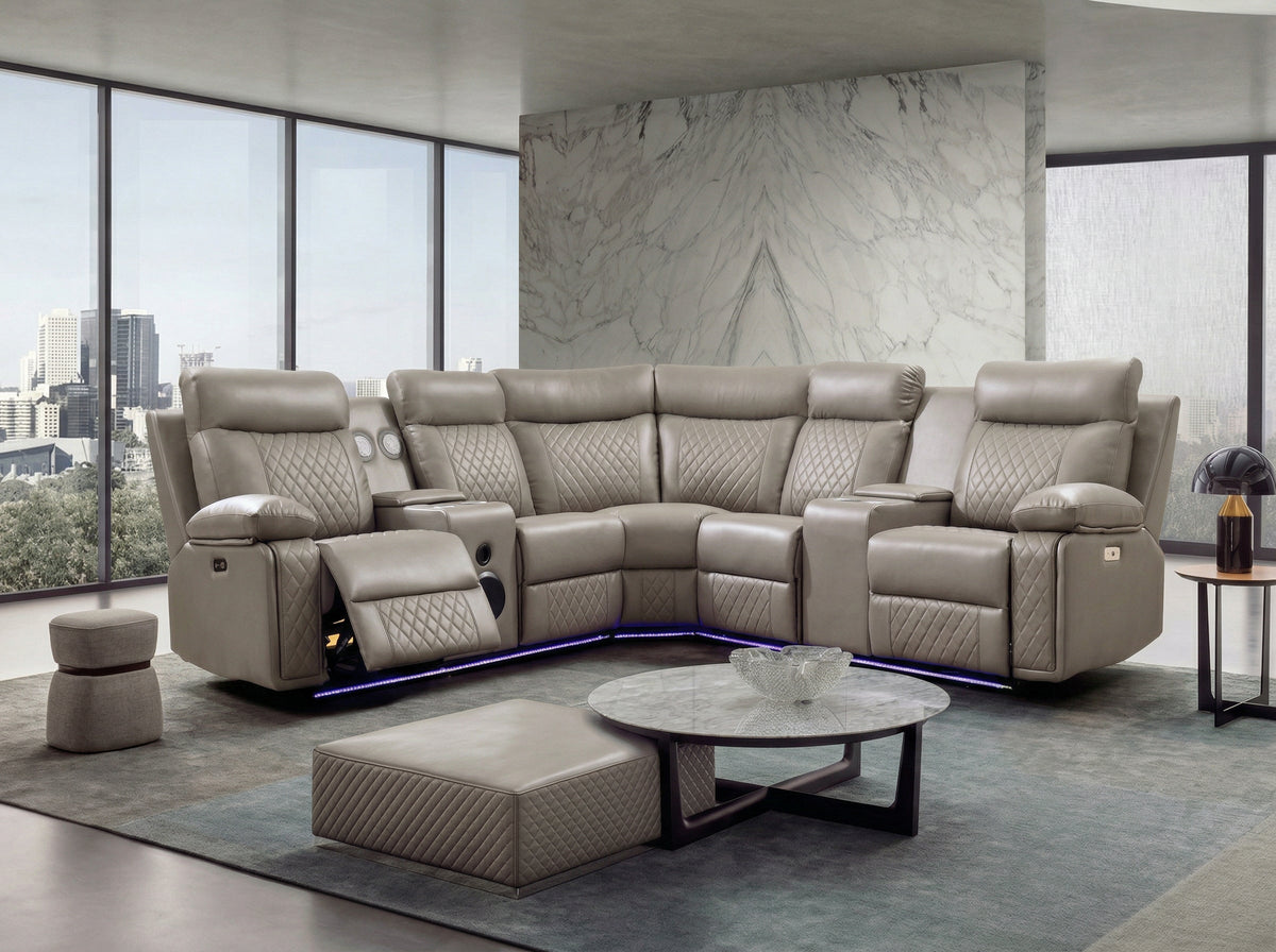 Complete living room setup with FOAK leather motion sectional