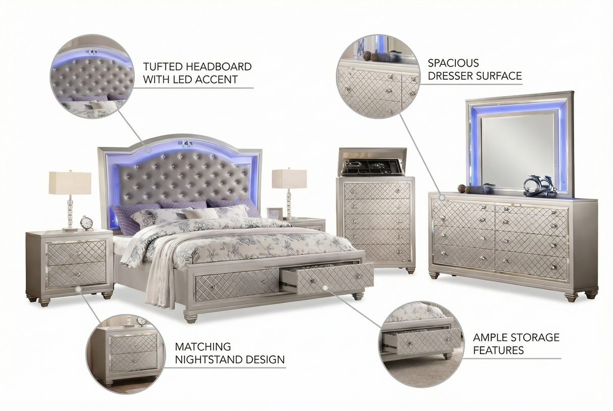 Shiney Silver Finish Bedroom Set with LED Headboard & Storage