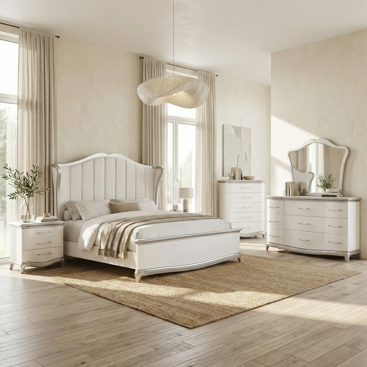 Modern White and Silver Tufted Contemporary Nina Bedroom Set