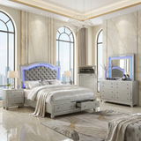 Shiney Silver Finish Bedroom Set with LED Headboard & Storage