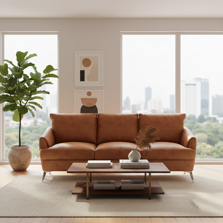 Safi Leather Sofa with Chrome-Finished Legs & Full-Foam Cushions - Mid-Century Modern in Cappuccino
