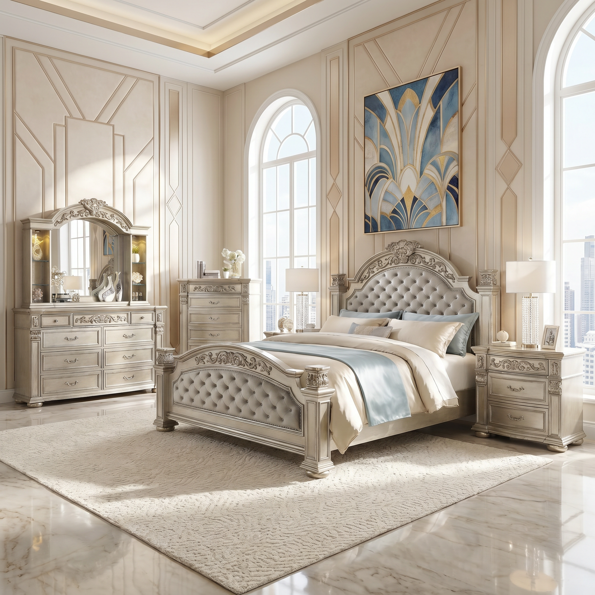 Luxurious Traditional Silver Ornate 5-Piece King Platinum Bedroom Furniture Set