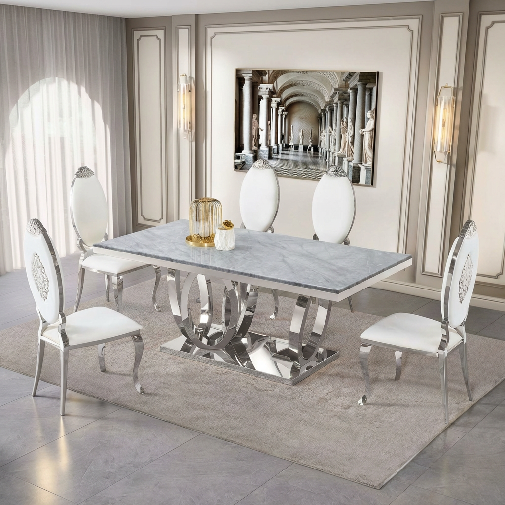 Tamara Marble Silver Dining Set with Chairs