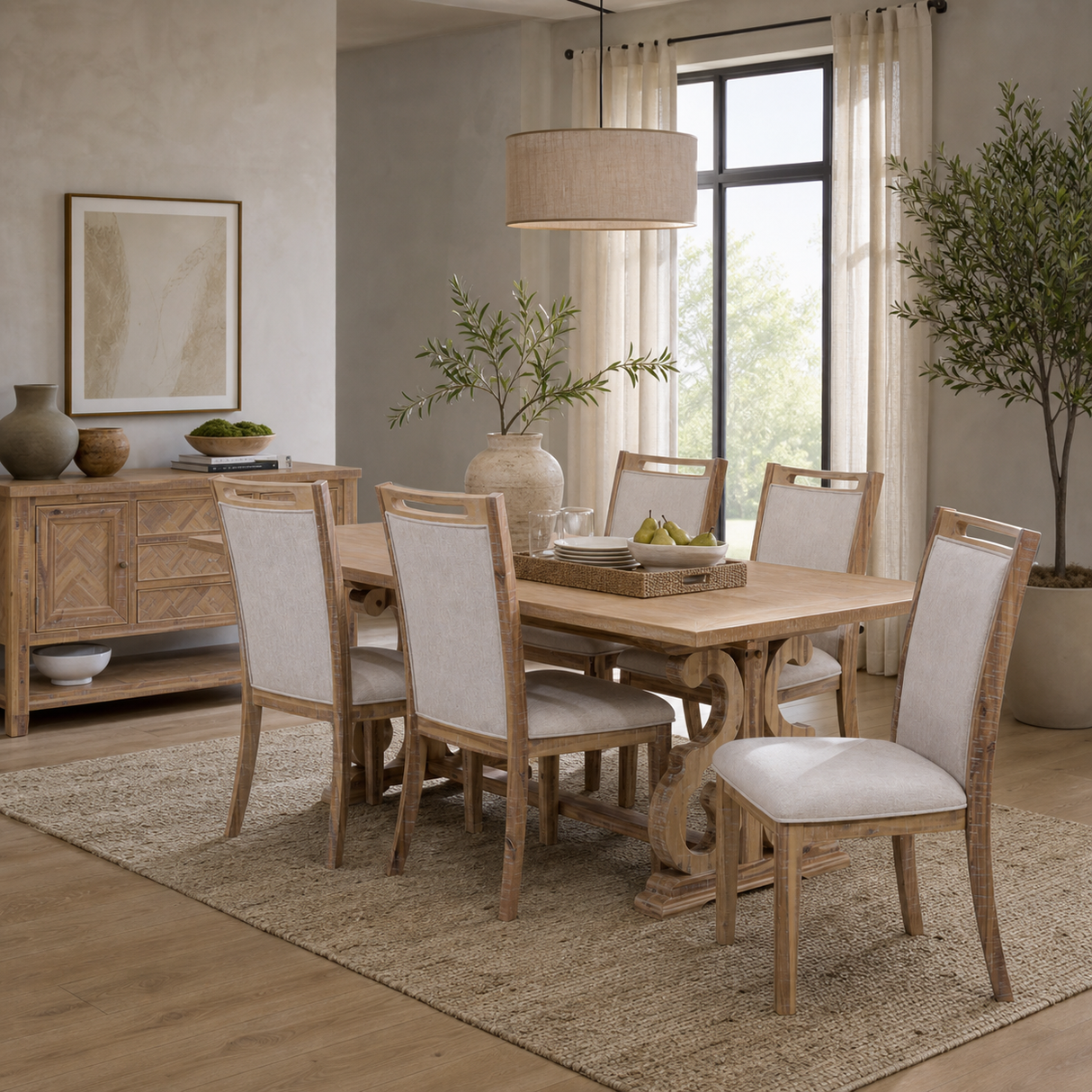 Harper 7 Piece Dining Room Set - Contemporary Wood Table and 6 Beige Upholstered Chairs