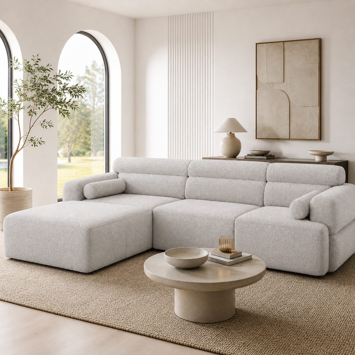 Glam Modern Sectional Sofa with Storage Chaise & Ottoman – Contemporary Cream or Gray Couch