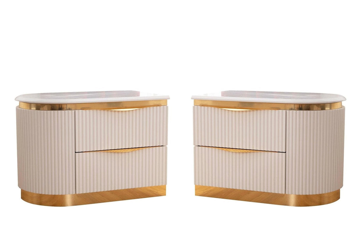 Five-drawer bedroom chest with white finish and gold-plated structural base.