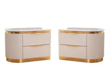 Five-drawer bedroom chest with white finish and gold-plated structural base.