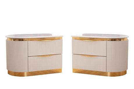 Five-drawer bedroom chest with white finish and gold-plated structural base.