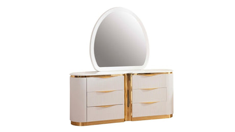 Close-up of white high-gloss dresser with integrated gold metal drawer pulls.