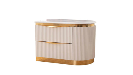 Large bedroom dresser mirror with thin gold frame and white gloss casing.