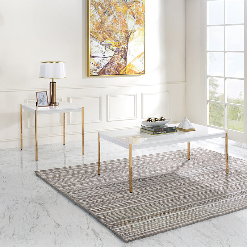 Otrac Coffee & End Table - Minimalist Wooden Top & Gold Metal Legs in White