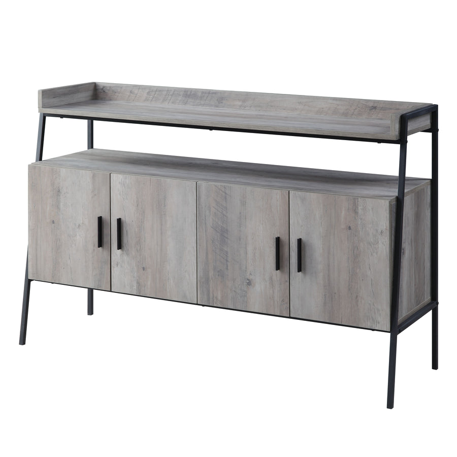 Samiya TV Stand - Trapezoid Metal Frame & Cabinets in Gray Oak & Black
