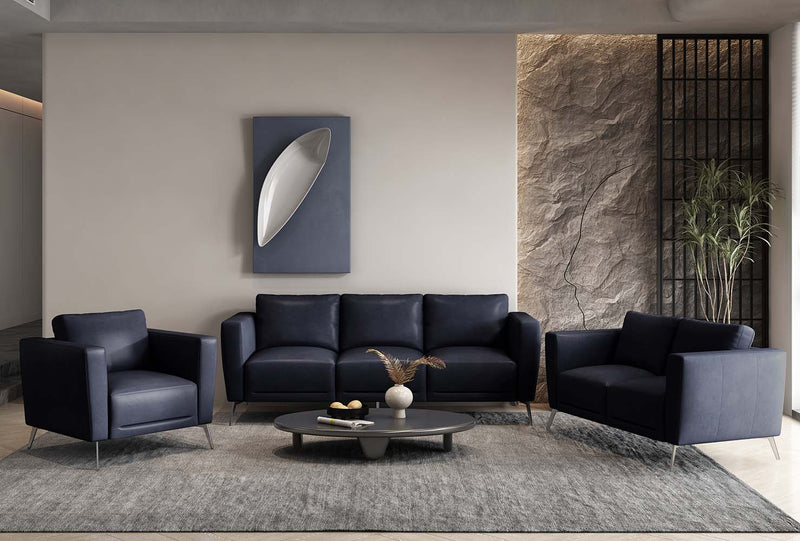 Astonic Italian Top Grain Leather Chair - Chrome Legs & Overstuffed Cushions in Blue | Made in Italy