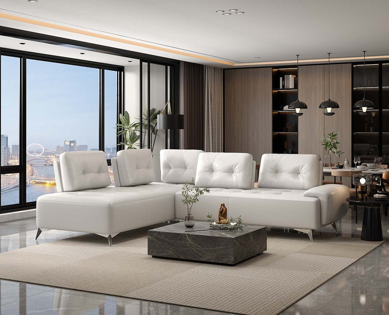 Turano Sectional Sofa - Button-Tufted Adjustable Back in Pearl White Top Grain Leather | Made in Italy