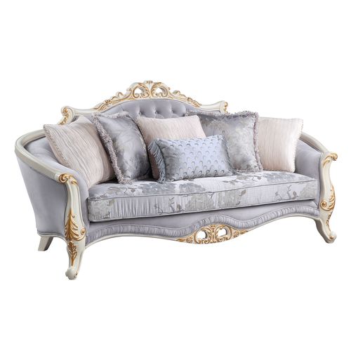 Galelvith Carved Claw-Leg Sofa & Loveseat - Button-Tufted Back with Gold Trim in Gray Fabric