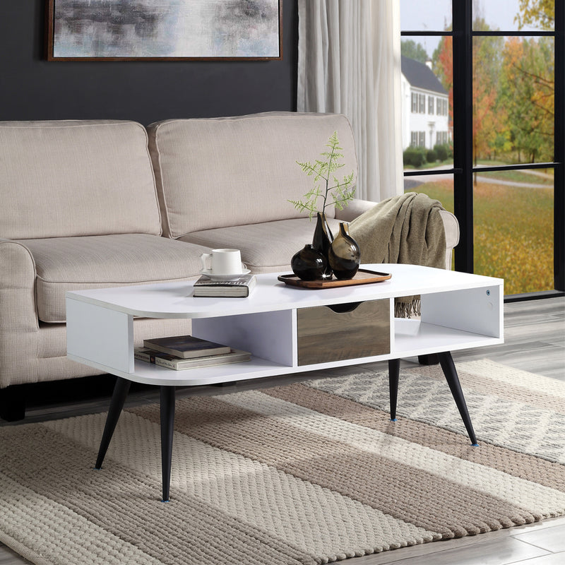 Halima Coffee Table - Curved Lines, Splayed Metal Legs & Drawer in White with Black