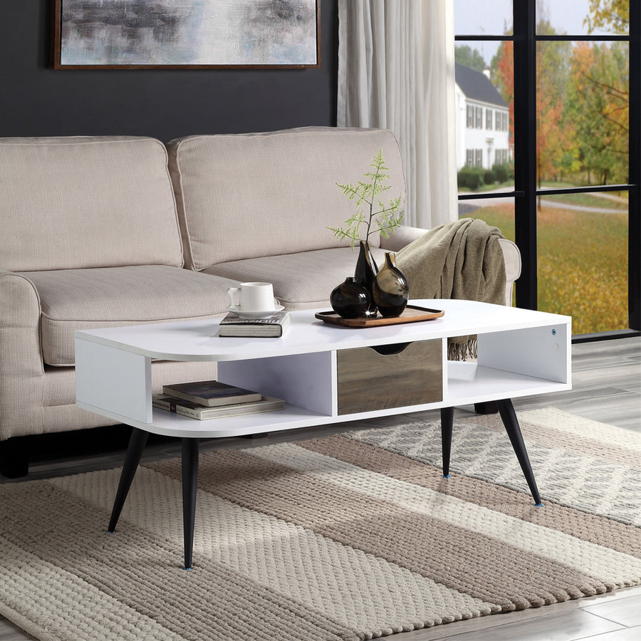 Halima Coffee Table - Curved Lines, Splayed Metal Legs & Drawer in White with Black