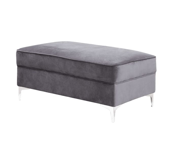Bovasis Velvet Ottoman - Nailhead Trim & Metal Legs in Gray