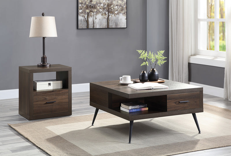 Harel Square Coffee Table - 2 Drawers & 2 Open Compartments in Walnut with Metal Legs