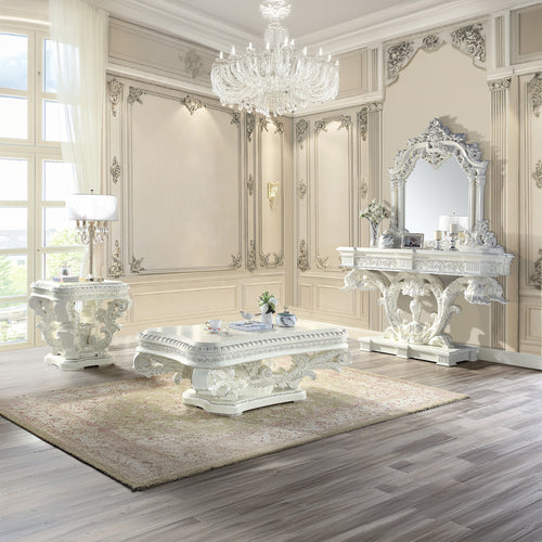 Vanaheim Ornate Accent Furniture - Scrolled Floral Tables, Mirrors, Bench & Fireplace in Antique White