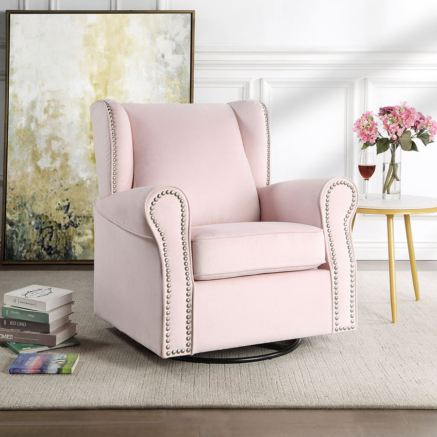 Tamaki Swivel Accent Chair - Pocket Coil Seat & Nailhead Trim in Pink Fabric