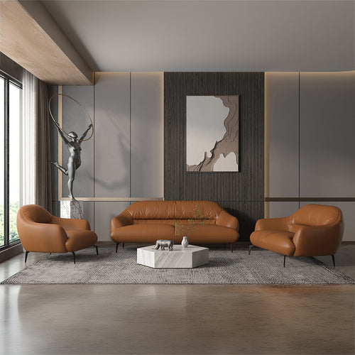 Leonia Italian Top Grain Leather Sofa, Loveseat & Chair - Sloped Arms & Metal Legs in Cognac Tan or Pearl Gray | Made in Italy